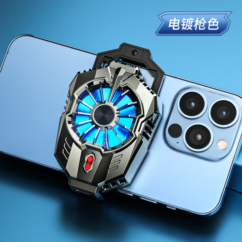 Frostloop – Gunmetal clip-on phone cooler with blue glowing fan and red button, attached to a phone back