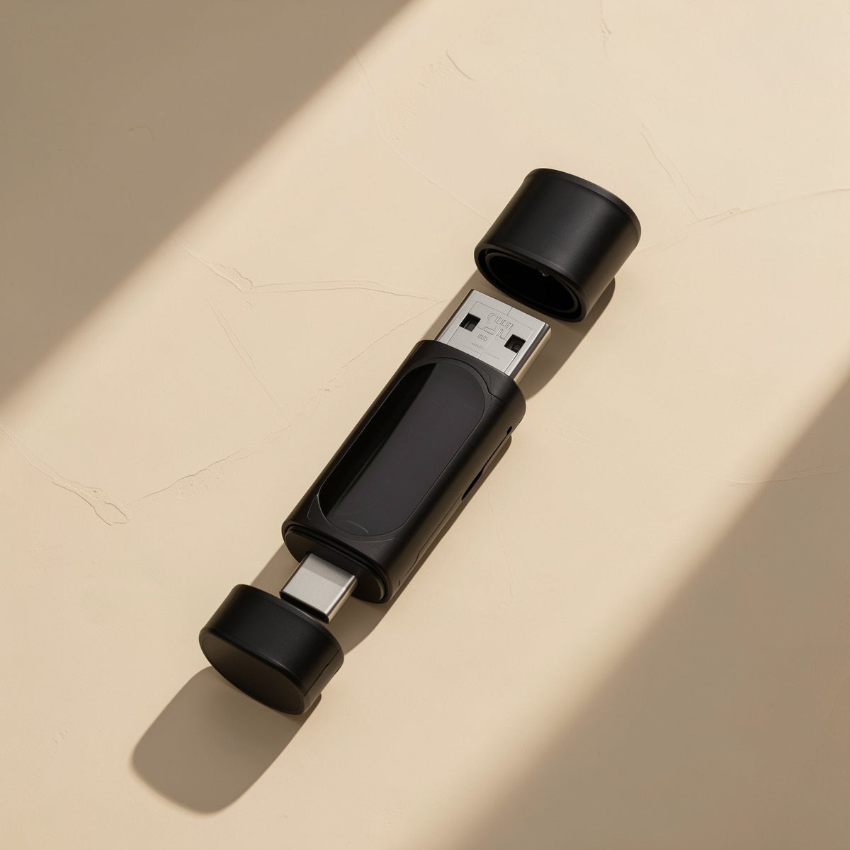 Cardglide – Black USB-A and USB-C card reader with both end caps removed, resting on a sunlit cream surface