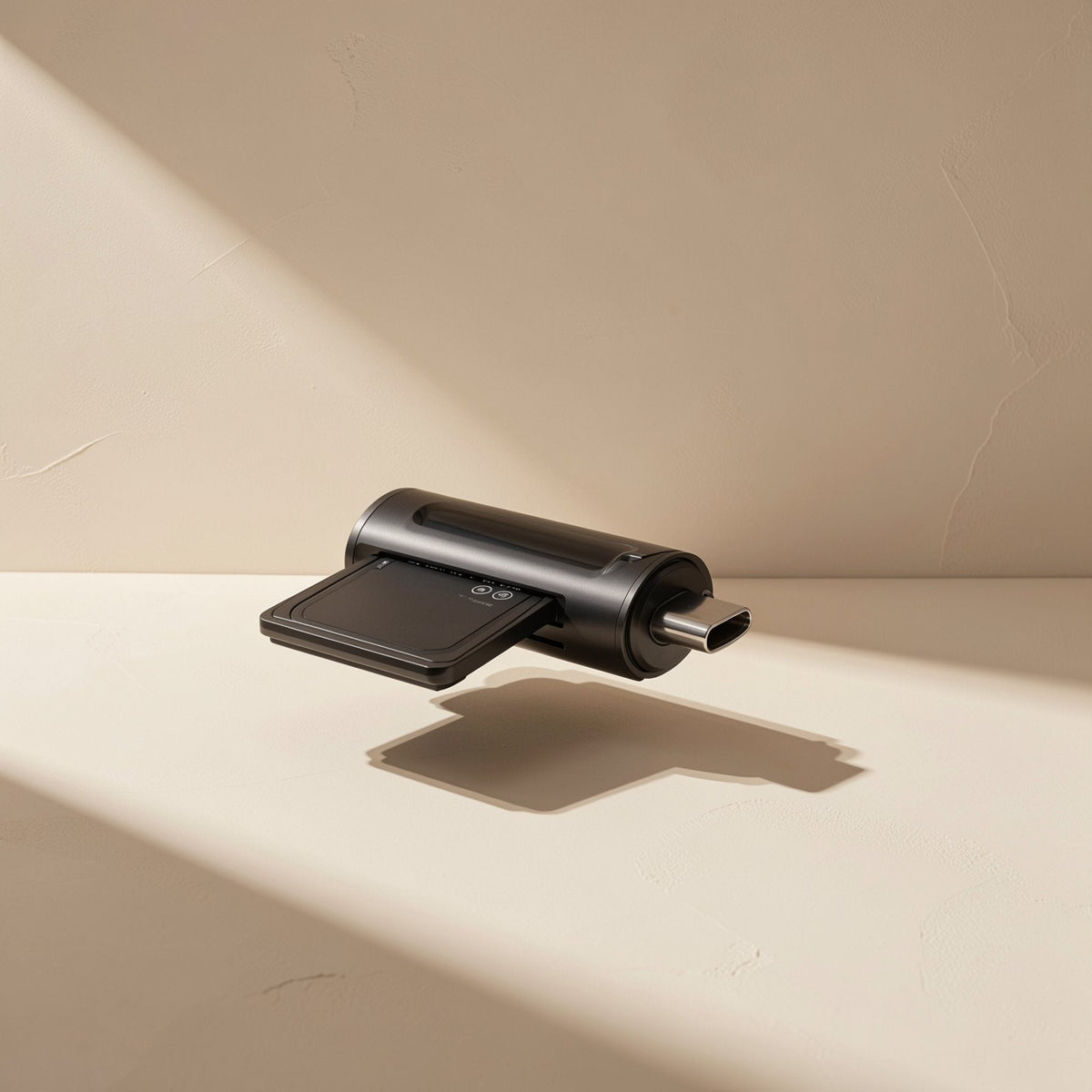 Cardglide – Black reader with USB-C plug and a memory card partly inserted, floating above a beige tabletop