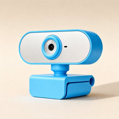 Streamface – Blue webcam with white face and lens ring, side-angled view showing the hinged clip base