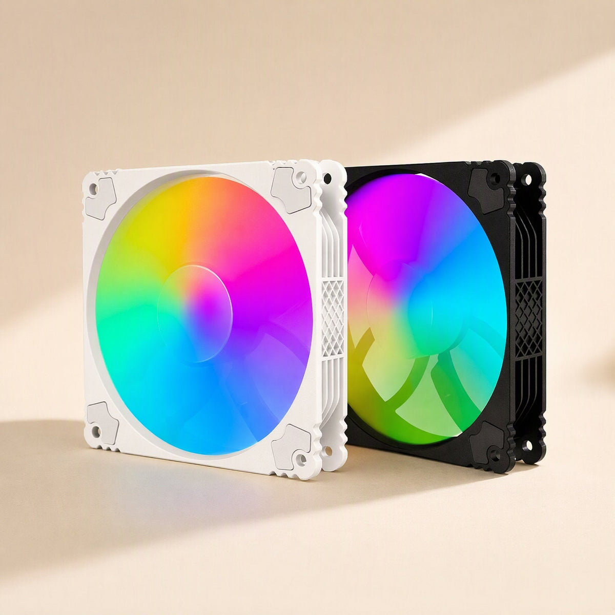 Lightdraft 12cm LED Computer Cooling Fan in white and black frames side by side with rainbow lighting