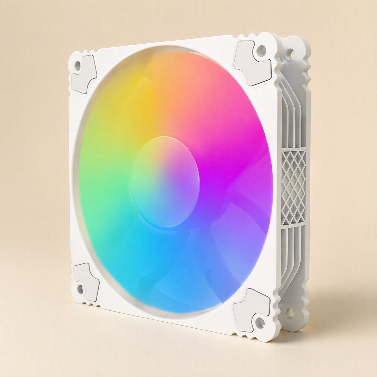 Lightdraft 12cm LED Computer Cooling Fan – white fan frame angled to show rainbow LED lighting and mesh side vent