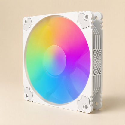 Lightdraft 12cm LED Computer Cooling Fan – white fan frame angled to show rainbow LED lighting and mesh side vent