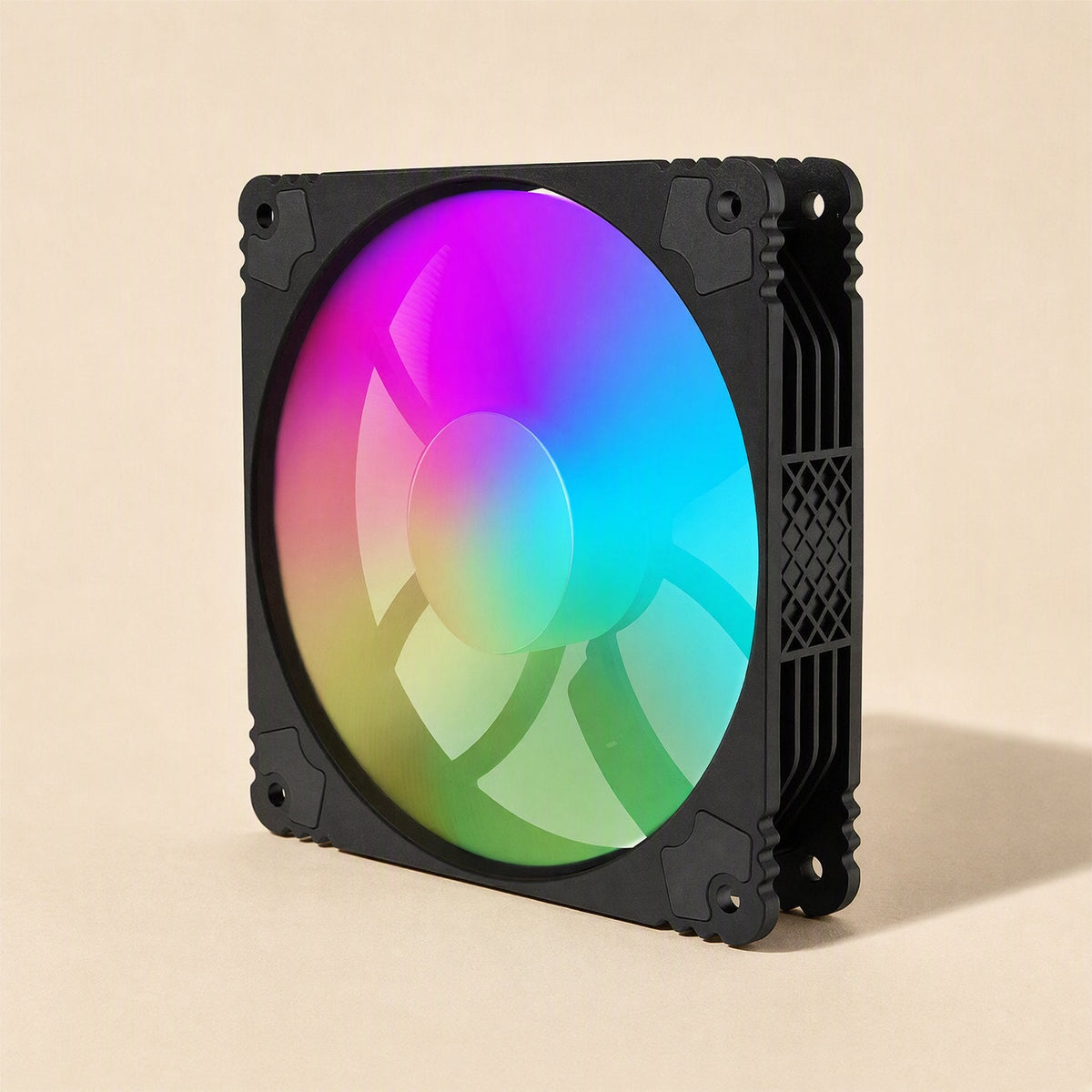 Lightdraft – Black fan frame at an angle with multicolor LED glow and rear blade supports visible