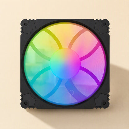 Lightdraft – Front view of black square fan frame with centered rainbow-lit hub and curved blades