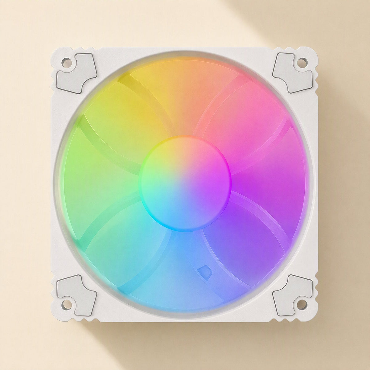 Lightdraft – Front view of white square fan frame with soft rainbow-lit hub, corner mounting holes and rubber pads