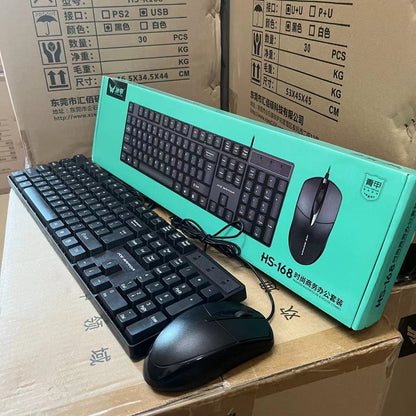 Clicktide Wired USB Keyboard and Mouse Set, black keyboard and mouse beside a teal retail box on cartons