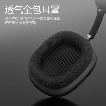 Wavelin – Close-up of a black knit-mesh ear cushion with Chinese text about breathable full-coverage ear cups