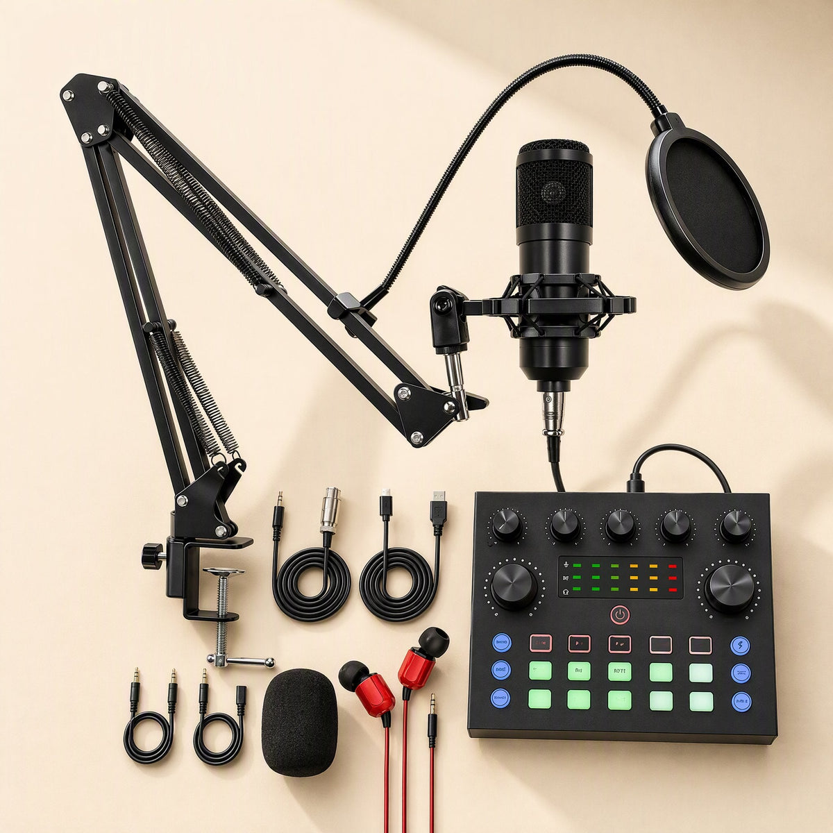 Voiceboost Mobile Phone Sound Card kit with black condenser mic, boom arm, pop filter and cables, top view