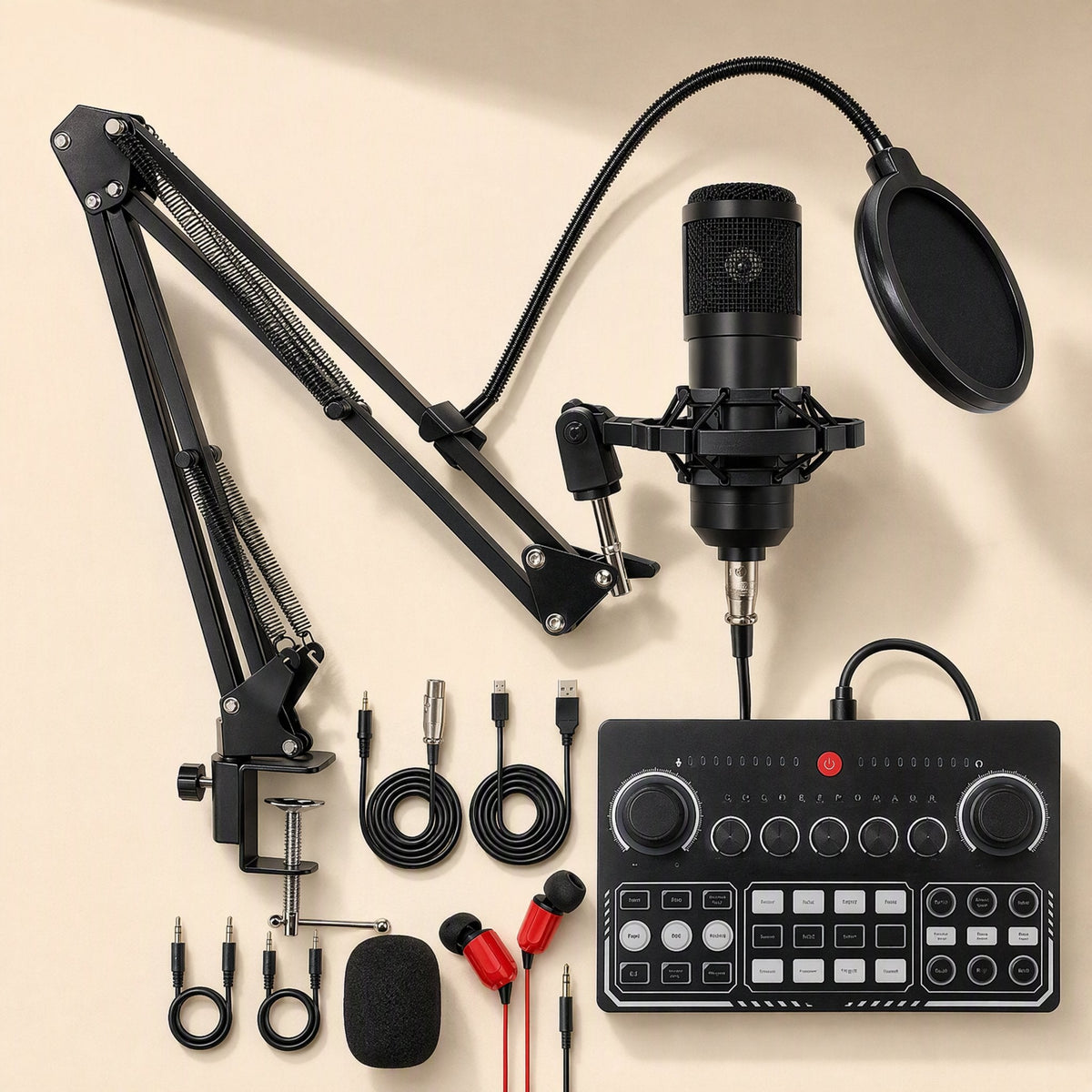 Voiceboost – Round-knob sound card with red button beside a black mic, boom arm, pop filter, foam cover and cables