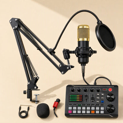 Voiceboost – Sound card with gold-grille microphone on boom arm, pop filter, foam windscreen and small red lavalier mic