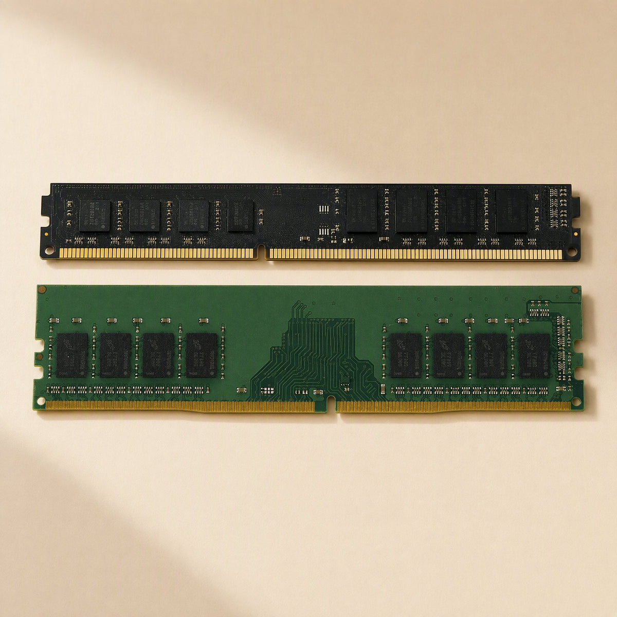 Byteboost Desktop DDR3 DDR4 memory stick, black and green modules side by side on a beige background