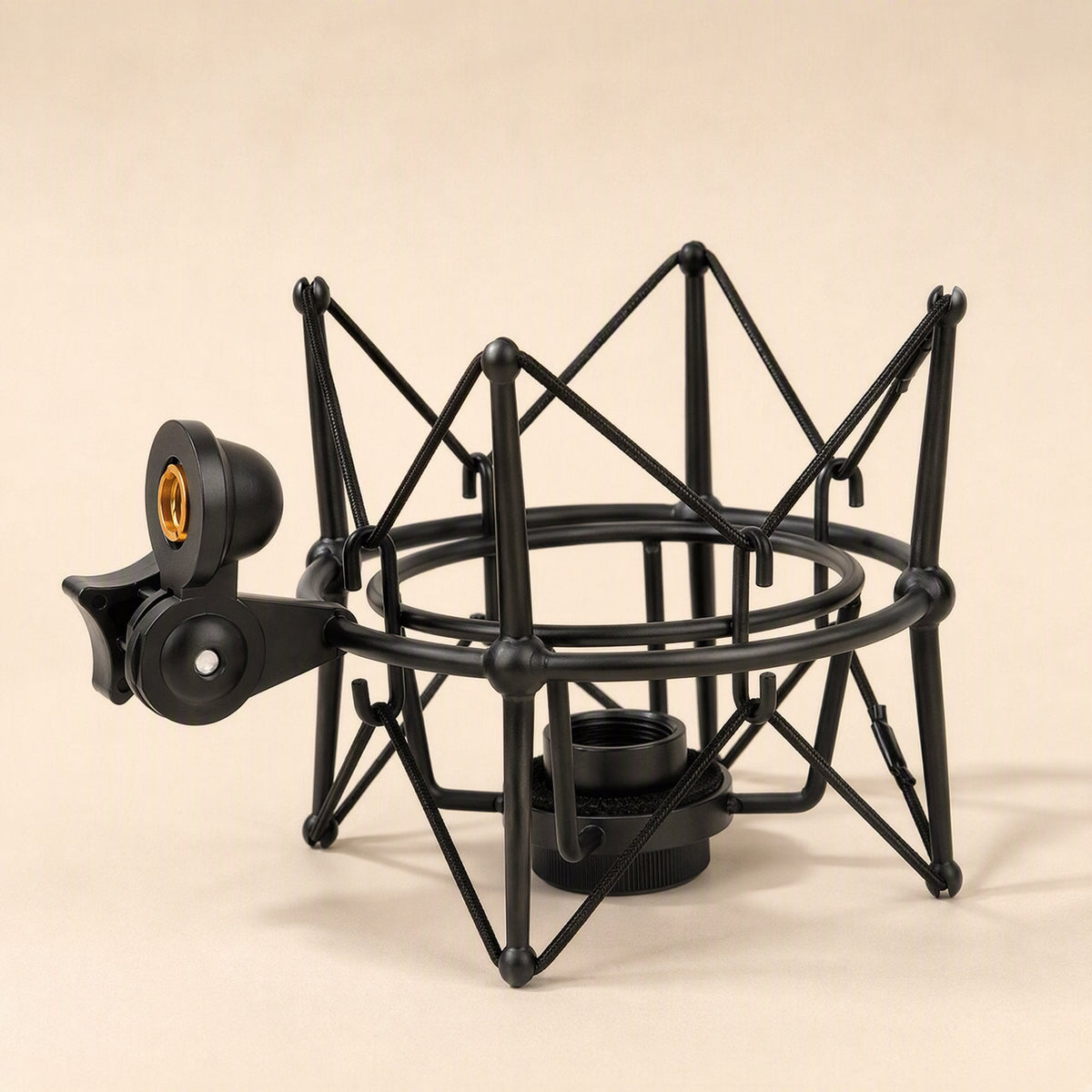 Micsteady – Black shock mount shown from a three-quarter angle, with the central mic holder ring and side clamp knob