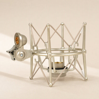 Micsteady – Champagne gold metal shock mount from the side with elastic suspension bands and gold-threaded stand mount