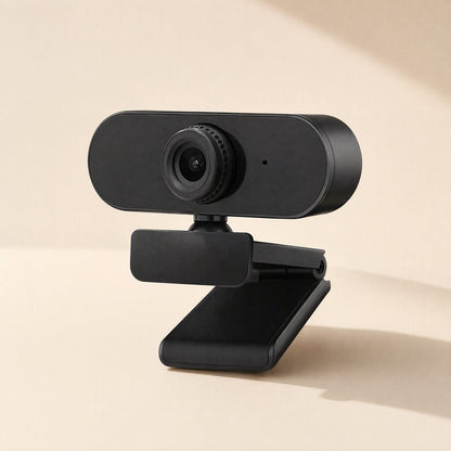 Clearlook 4K USB Computer Camera in black, angled front view with clip stand on a cream background