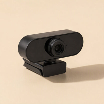 Clearlook 4K USB Computer Camera – rear three-quarter view of the black webcam showing the folded clip arm and a soft shadow