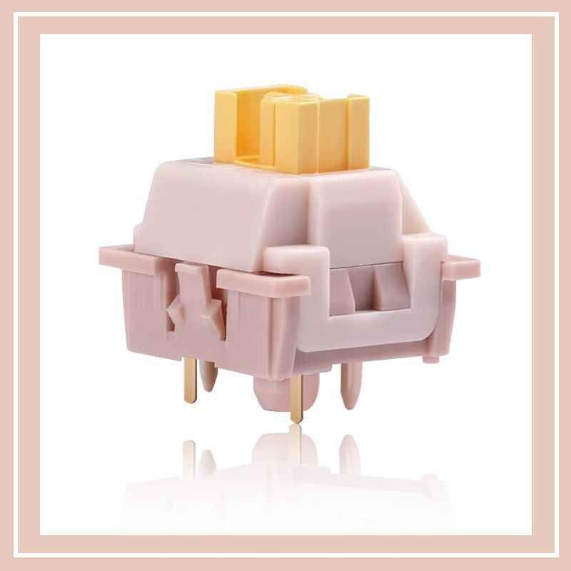 Silique Linear Mechanical Keyboard Switch with pink housing and yellow stem, front three-quarter view