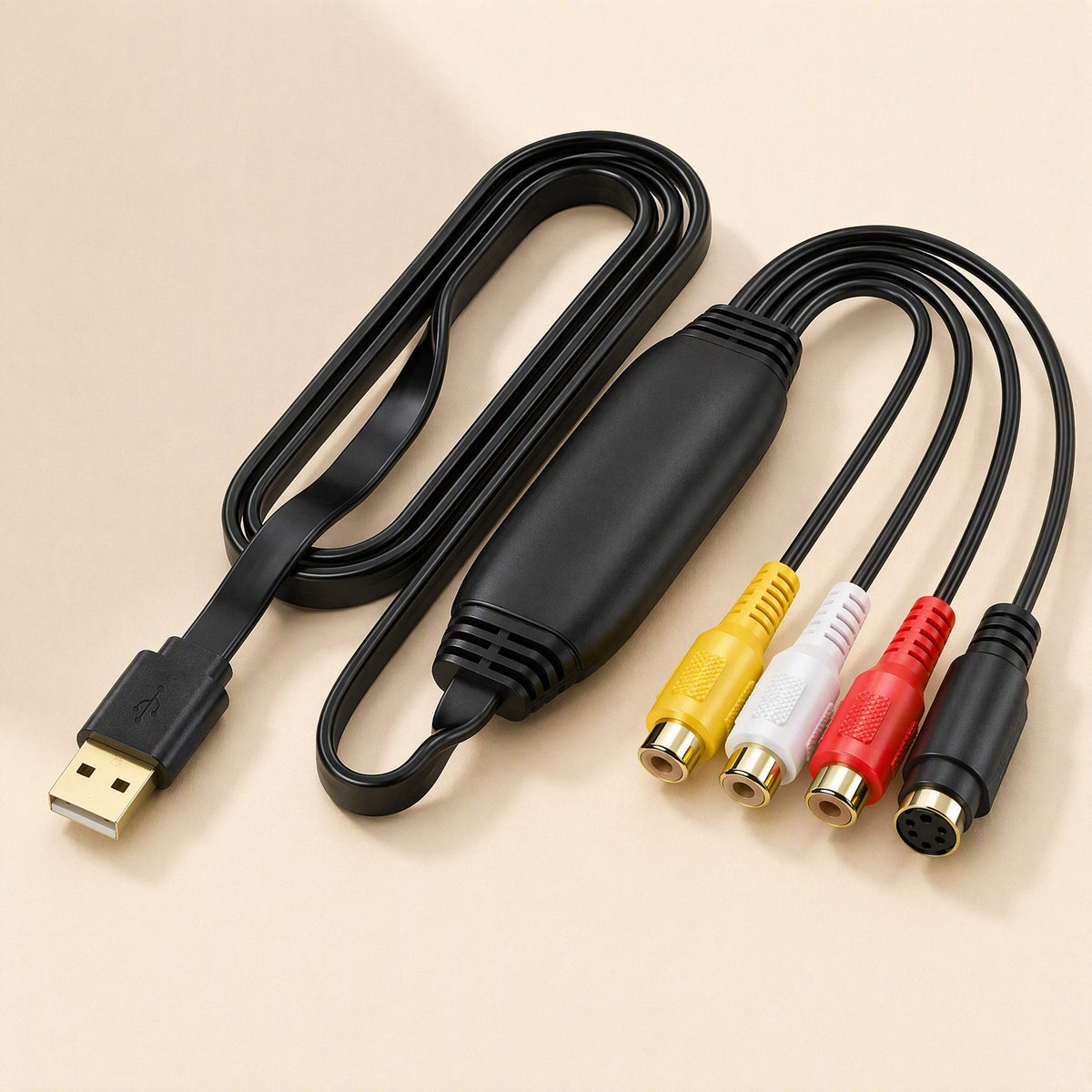 Framegrab 1080P USB Video Capture Card with flat USB cable and yellow, white, red and S-Video jacks, top view
