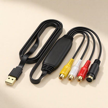 Framegrab – Close view of the USB capture cable with yellow, white, red RCA jacks and black S-Video port on cream backdrop