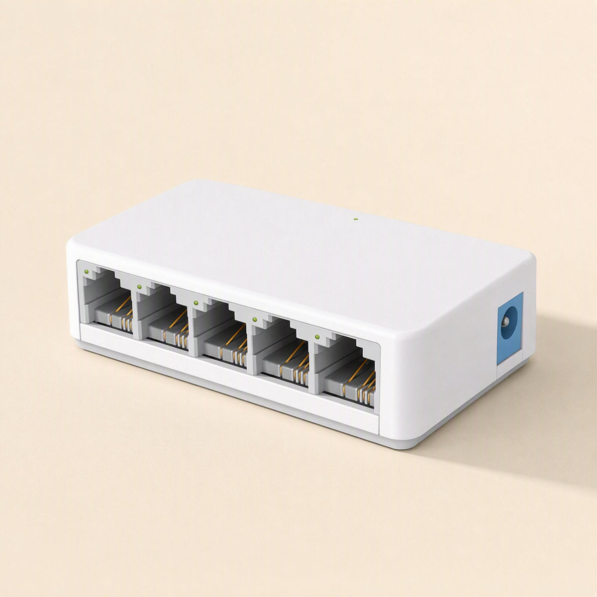 Netweave Ethernet Network Switch, white 5-port model with gray-lined ports, angled front view on beige