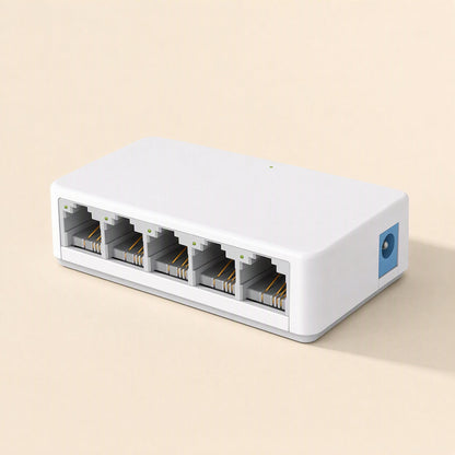 Netweave Ethernet Network Switch, white 5-port model with gray-lined ports, angled front view on beige