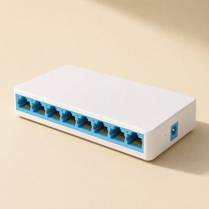 Netweave – Eight blue-lined Ethernet ports along the front of a white slim switch, power jack at right