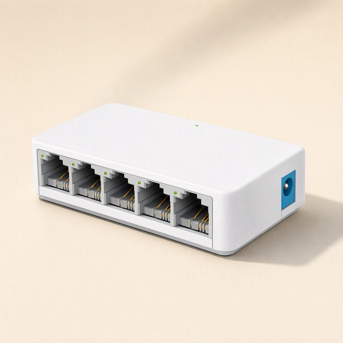 Netweave Ethernet Network Switch – white 5-port switch seen from a slightly higher angle, with a small indicator light on top