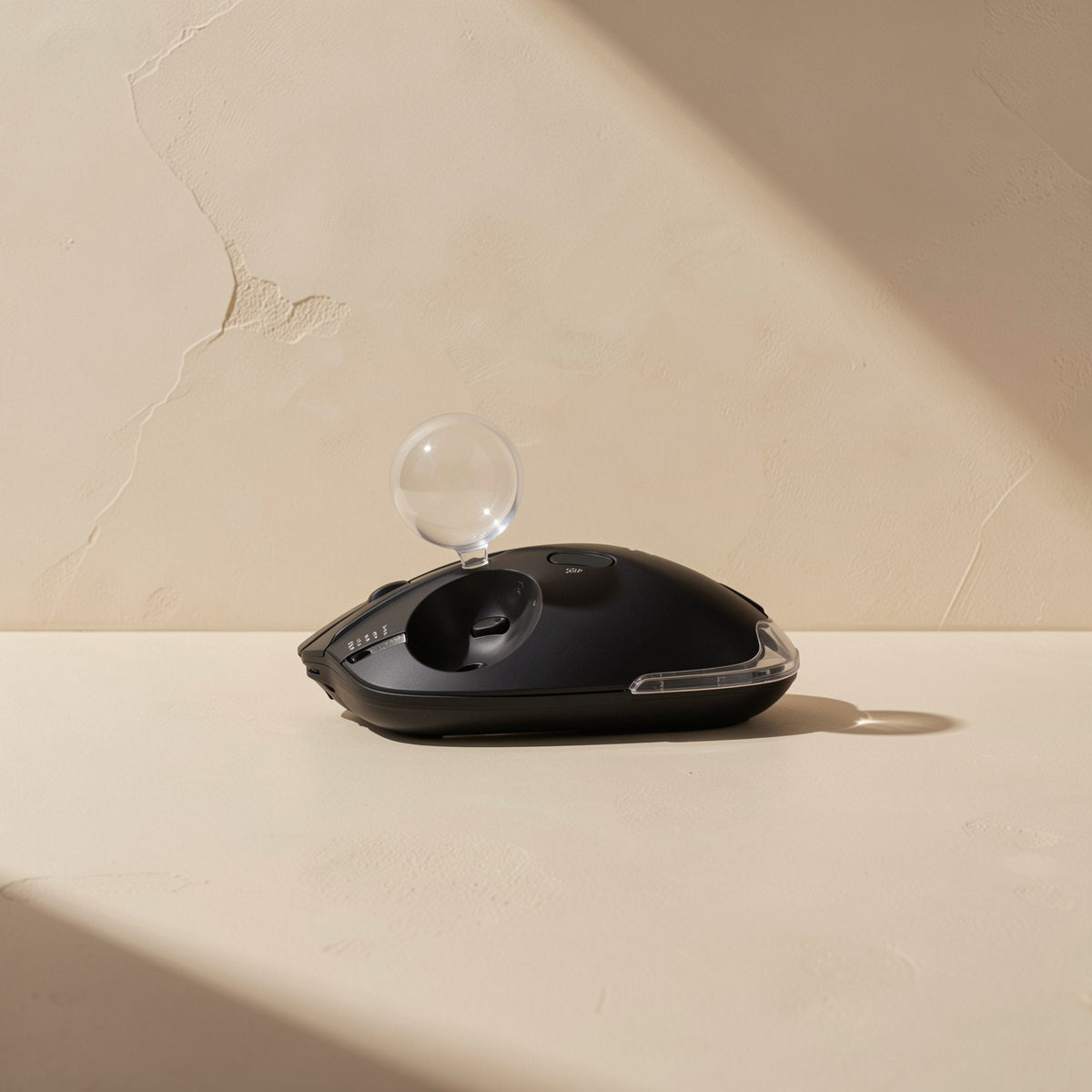 Thumbroll – Black trackball mouse in profile with the clear ball lifted out above its socket on a beige surface