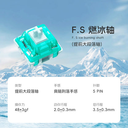 Teal Coreaxis switch over snowy mountains with Chinese spec table listing 5 pin and 48gf actuation force