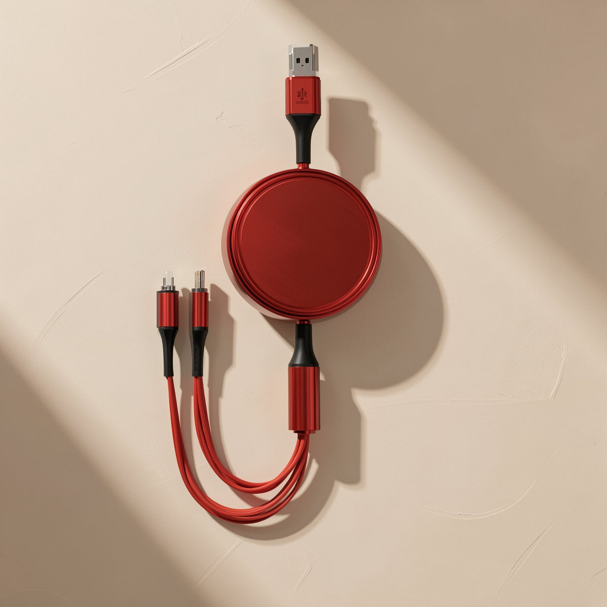 Reelcord Retractable Aluminum Alloy Charging Cable in red, flat on a beige wall with diagonal light