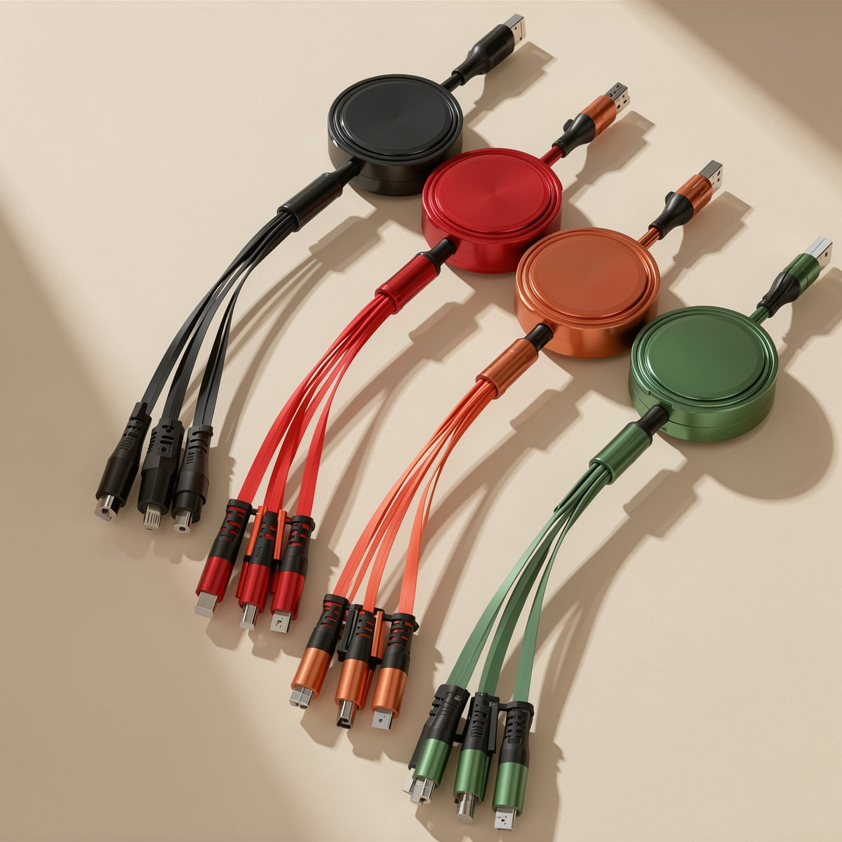 Reelcord – Four retractable charging cables in black, red, orange and green, laid out side by side from above