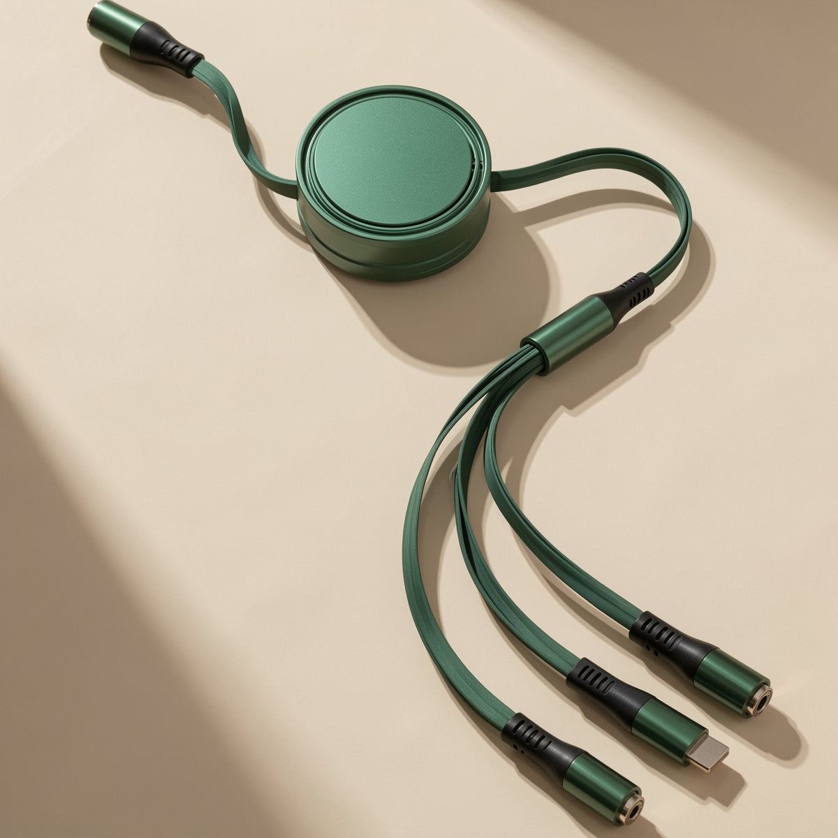 Reelcord – Green flat-style retractable cable with round reel, extended with three connector tips, on a beige surface
