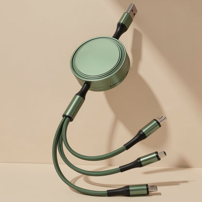 Reelcord – Green retractable cable with round reel angled upright, three braided branches ending in connectors