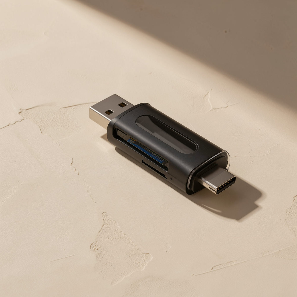 Memslot TF Memory Card Reader, black dual USB-A and USB-C drive, resting on a beige textured surface