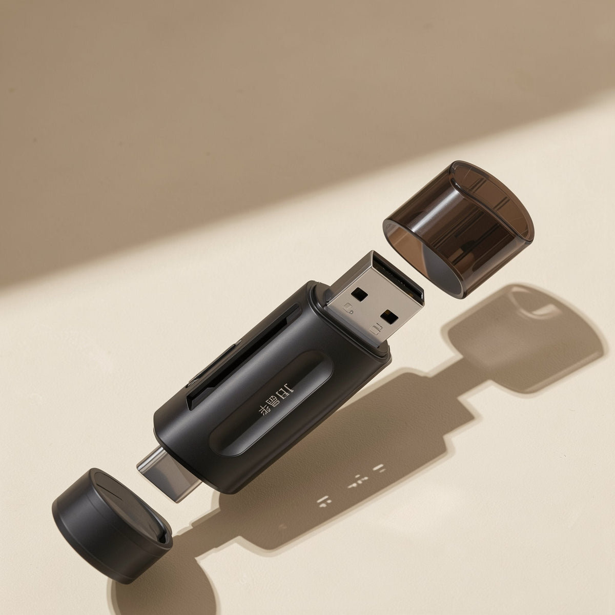 Memslot – Black card reader with clear cap lifted off the USB-C end and a second cap floating beside the USB-A plug