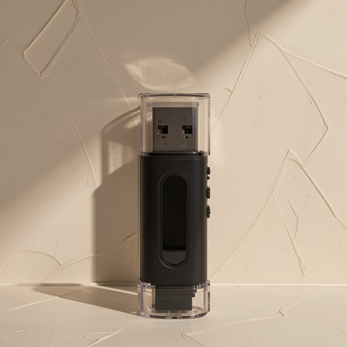 Memslot TF Memory Card Reader – upright black reader with transparent cap over the USB-A connector, against a plaster wall