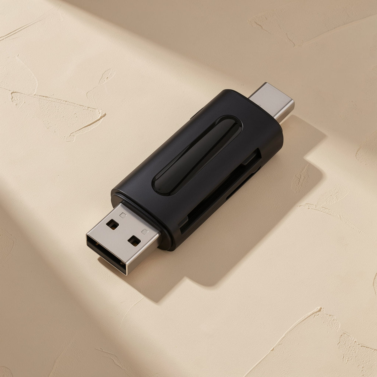 Memslot – Angled view of the black reader with USB-A plug in front, USB-C end behind, and a card slot on its side