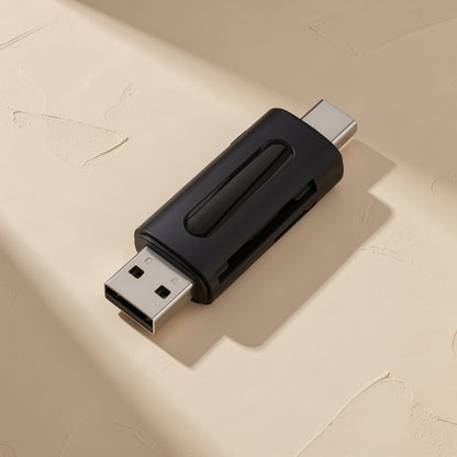 Memslot – Angled view of the black reader with USB-A plug in front, USB-C end behind, and a card slot on its side