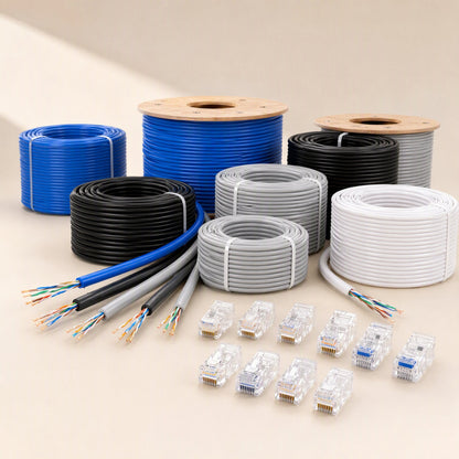 Copperlink – Rolls of blue, black, grey and white bulk Ethernet cable with loose clear RJ-45 plugs arranged in front