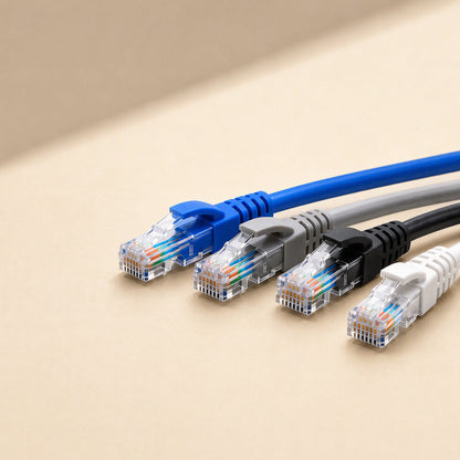 Fastlink – Four coloured RJ45 patch cables with clear plugs lined up in a staggered row, angled side view