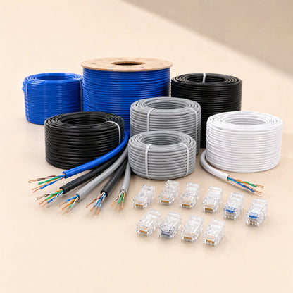 Fastlink – Coils of blue, black, grey and white bulk network cable with loose RJ45 connectors laid out in front