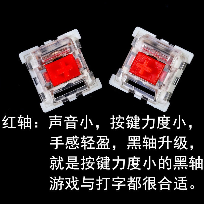 Tactilon – Pair of red switches in clear housings with white frames, with Chinese description text beneath on black