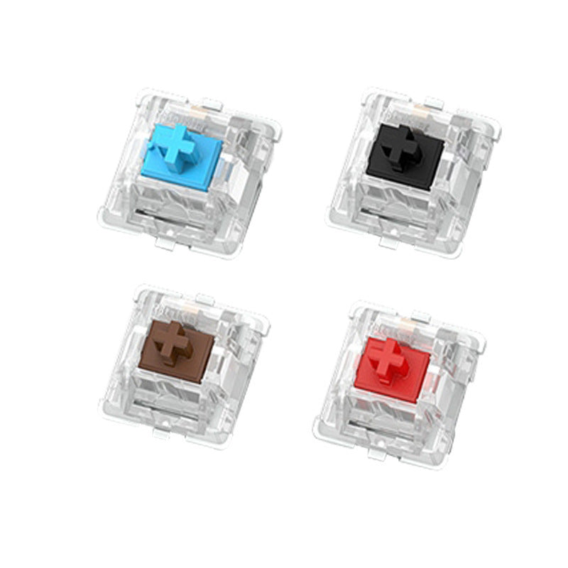 Tactilon – Four switches in blue, black, brown and red with clear housings, arranged in a 2x2 grid on white