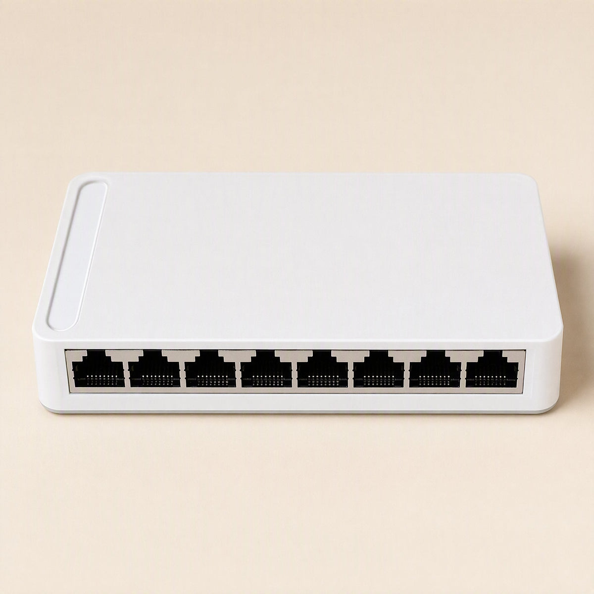 Packetweave Network Switch in white, front view showing a row of eight Ethernet ports