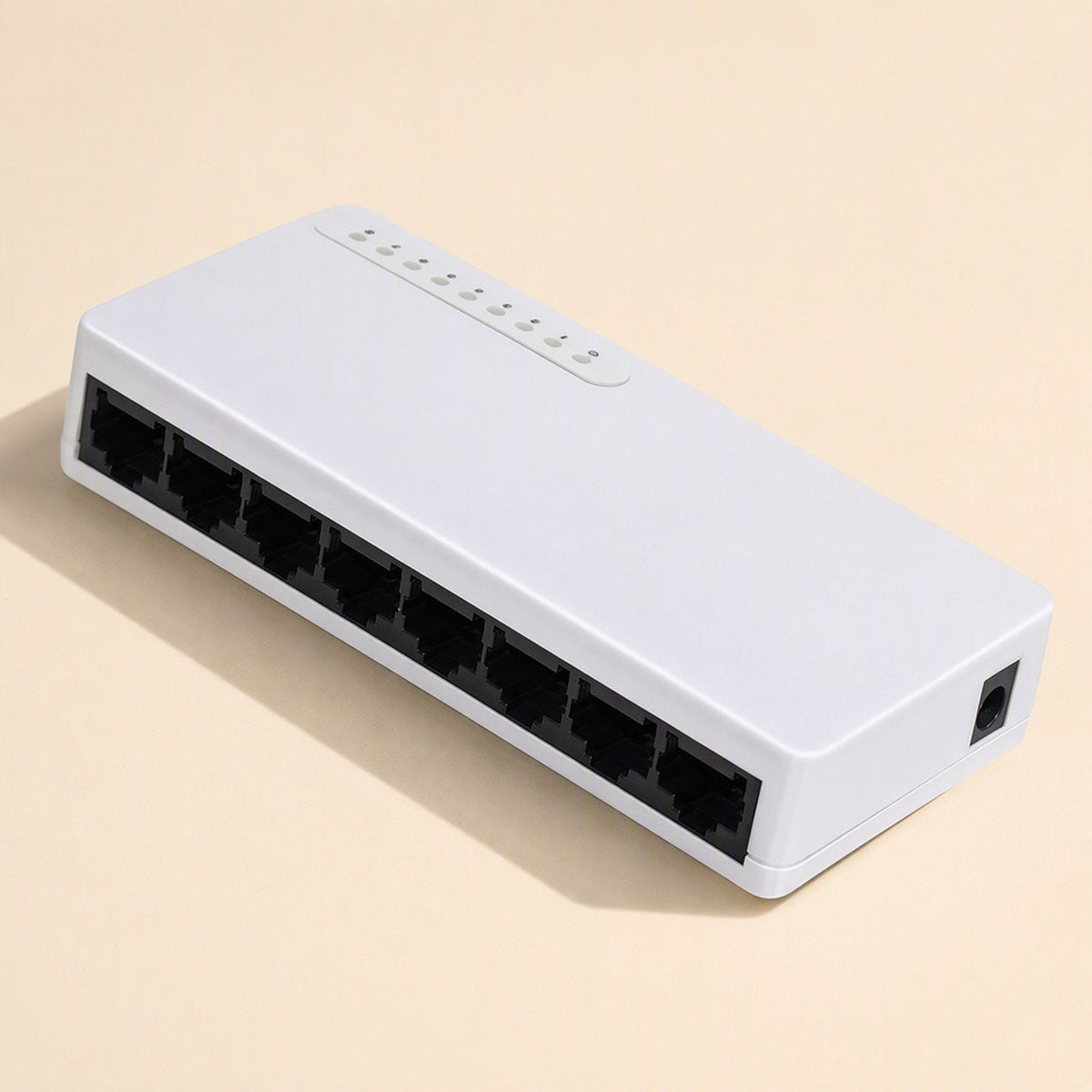 Packetweave Network Switch – white 8-port model seen from the side, indicator lights along the top edge