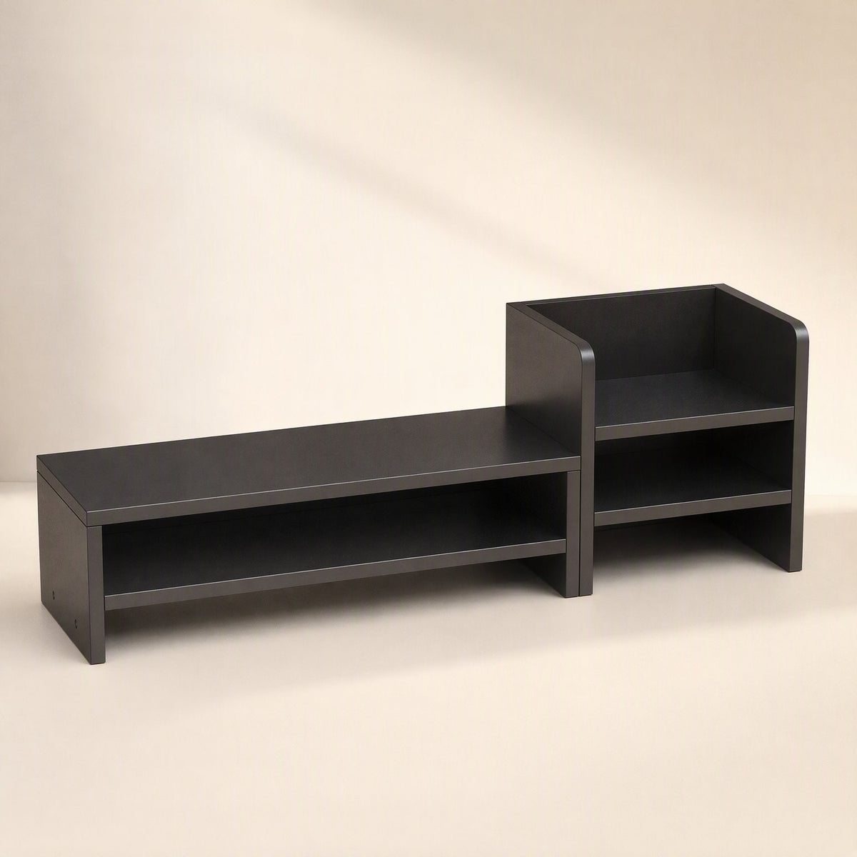 Shelfraise Desktop Storage Shelf Stand in black, assembled with a long riser and a two-shelf unit on the right