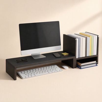 Shelfraise – Black stand under a desktop monitor with keyboard and mouse below, books and folders on the right shelf