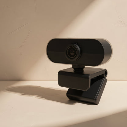 Camlisten USB computer camera with microphone, black, seen from the front-left on a sunlit beige surface
