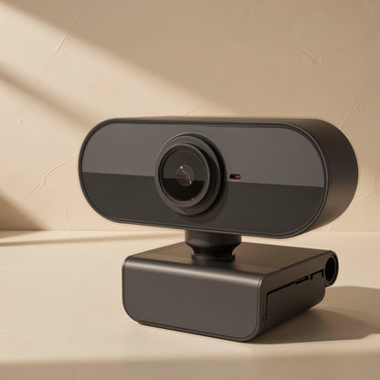 Camlisten webcam in close-up, showing the lens, small red indicator light and stand base with a side port