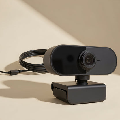 Camlisten – Black webcam with a long coiled USB cable trailing behind it, shown from the right on a pale surface